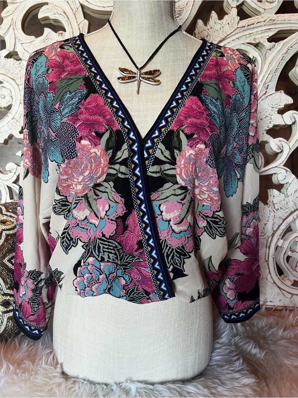 Flying Tomato Floral V-Neck Blouse in Pink, Teal & Cream